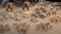 Warhammer the Horus Heresy Legions Imperialis launch box models - a huge army of small scale Space Marine and Solar Auxilia tanks, infantry, and Titans