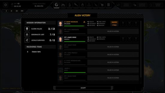 Xenonauts 2 a screen showing many soldiers killed in action