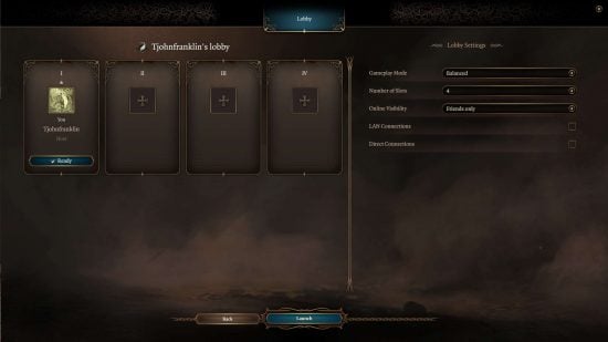 Baldurs Gate 3 coop - multiplayer session creation menu