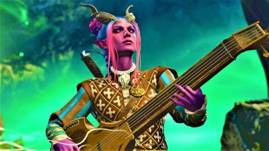 Baldurs Gate 3 DLC ideas - a pink-skinned tiefling bard plays a guitar
