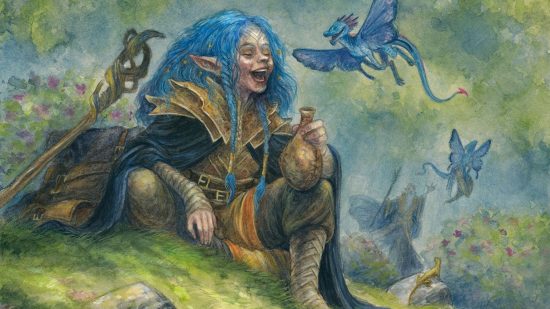Baldur's Gate 3 DLC ideas - Feywild Trickster MTG card art by Iris Compiet, a laughing, blue-eared elf rests on a mossy bank and talks to small dragons