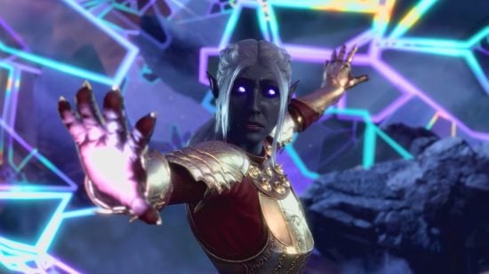 Baldur's Gate 3 review - Larian image of a Drow with her arms out in a protective stance