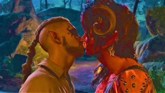 Baldur's Gate 3 romances - Larian still of a character kissing Karlach