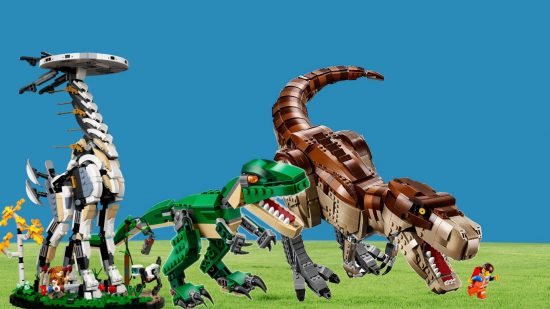 Best Lego Dinosaurs- image shows a bunch of them chasing an innocent Lego person.
