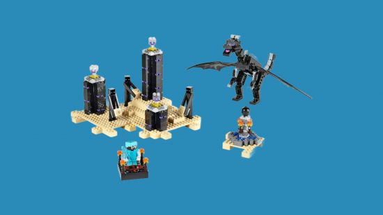 Best Lego dragon sets: The Ender Dragon. Image shows the dragon,various Endermen, and Steve, in The End.