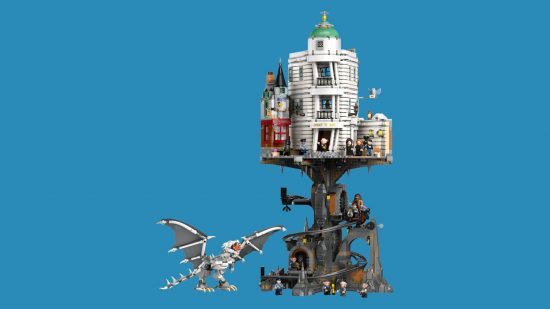 Best Lego dragon sets: Gringotts Bank. Image shows the set, along with its dragon, fully assembled.