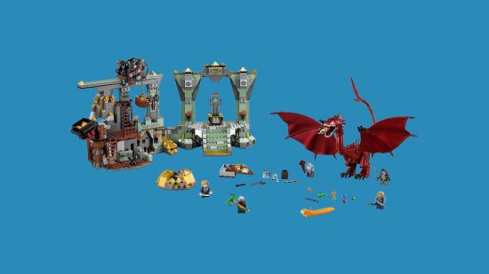 Best Lego dragon sets: The Lonely Mountain. Image shows the whole set laid out with various minifigures on display.