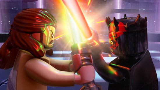 Best Lego games - Lego Star Wars: the Skywalker Saga, lego Qui-Gon Jinn and lego Darth Maul locked in a plastic lightsaber duel