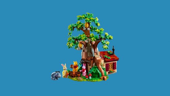 Best Lego Ideas sets: Winnie the Pooh. Image shows Pooh and friends hanging around outside a tree.