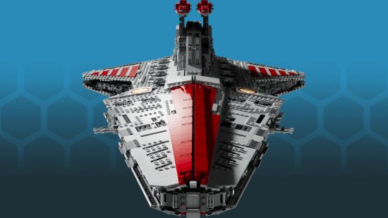 Best Star Wars Lego sets guide - Lego official photo showing the UCS Venator-class Republic Attack Cruiser model face on, on a blue Wargamer hex background