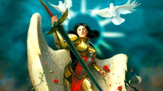 Building Warhammer 40k with fake nails - Games Workshop artwork showing Saint Celestine in shining armour, her wings unfurled, with her sword, a bloody rose, and doves