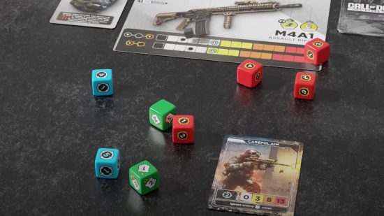 Call of Duty the board game preview - combat resolution, a handful of dice have been rolled and a combat card selected