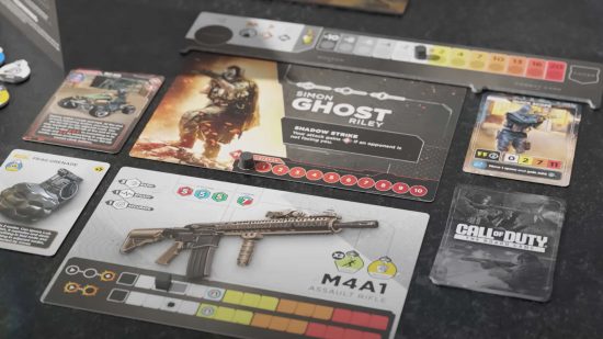 Call of Duty the board game preview - a players board with their weapon, items, recruit, and combat cards