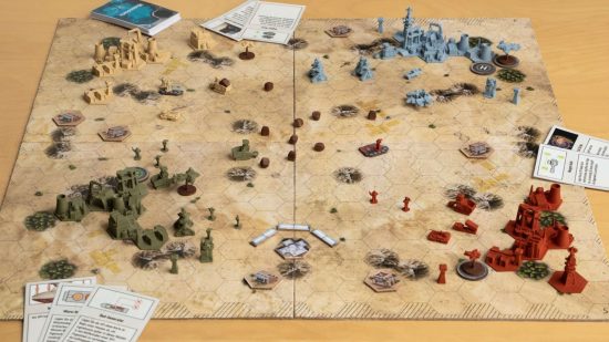 Dominate and Delegate is like an unofficial Command and Conquer board game - four factions battle over a desert board, with harvester machines collecting brown cubes from the board