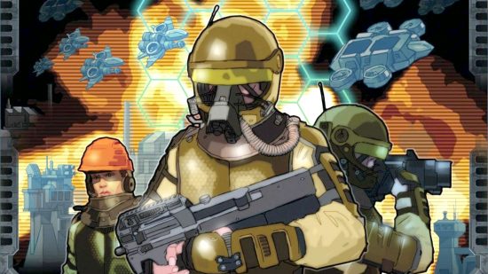 Dominate and Delegate is like an unofficial Command and Conquer board game - cover art from the game, showing two soldiers and a construction worker against a background of explosions