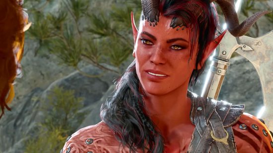 DnD Beyond has free character sheets for BG3 companion characters - screenshot of Karlach, a red-skinned tiefling with a black hair and horns
