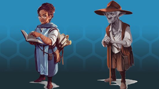 Wizards of the Coast art of new DnD book characters Gwyn Oresong (left) and Rivibiddel (right)