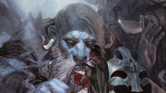 DnD books - A frost giant looking at a man reading a book