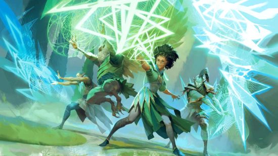 New consumable DnD magic items Mind Crystals allow all spellcasters to use sorcerer metamagic - a group of wizards in green robes blast our angular beams of blue and green energy