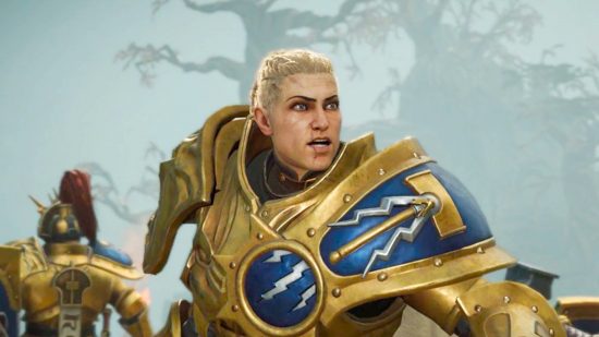 Games Workshop jobs Warhammer videogame licensing manager - Frontier marketing screenshot from Realms of Ruin showing a female presenting Stormcast Eternal warrior in gold and blue armor