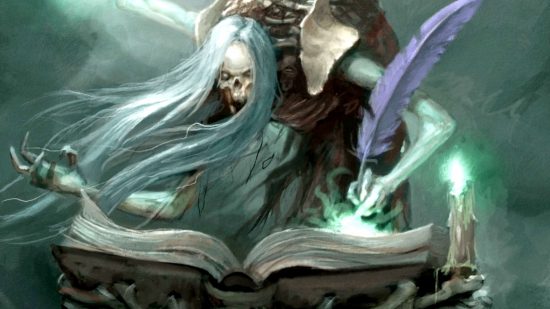 The Great Wargaming survey 2023 is open - illustration by Games Workshop of a Scriptor Mortis, a multi-limbed ghostly figure writing into a ledger with a huge quill