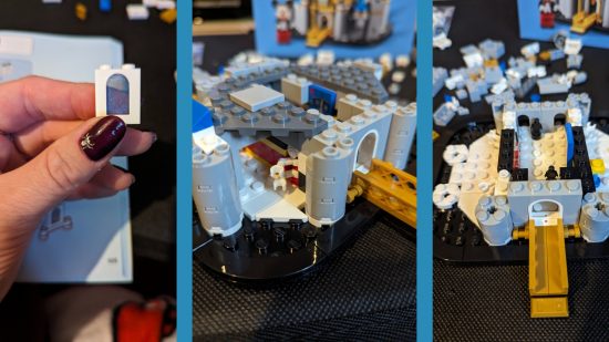 Lego Mini Disney Castle review photos show the set in various stages of construction.