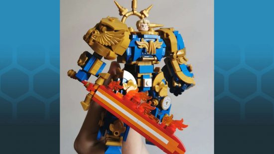 Lego Warhammer 40k original creation by Piotr aka Azeri_moc - Roboute Guilliman, Primarch of the Ultramarines, wielding a flaming sword