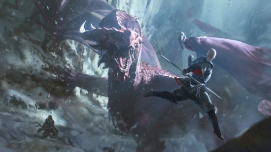 Magic the Gathering 2025 sets concept art - codename Ultimate, a huge red dragon flails and attempts to grab a human warrior