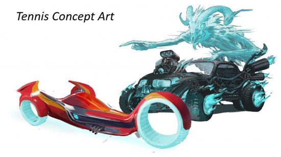 Magic the Gathering 2025 sets concept art, codename Tennis - a cyberpunk trike and a hotrod ridden by a ghost