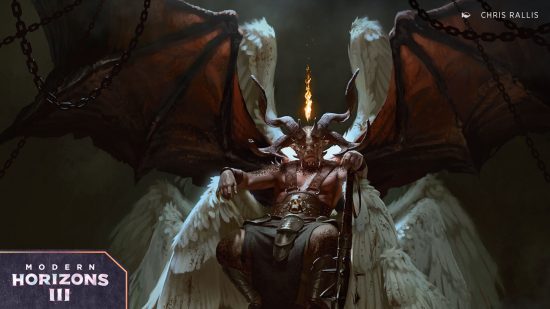 Magic the Gathering Modern Horizons 3 Eldrazi Demon art - a horned demon sits in a stone throne, wings spread behind him