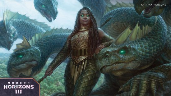 Magic the Gathering Modern Horizons 3 Eldrazi - a human huntress with long dark hair and glowing green eyes rests against the head of a green-eyed hydra