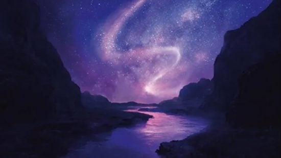 MTG card preordain lord of the ring art showing a galaxy above a river