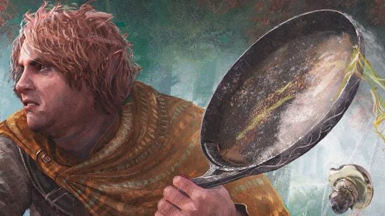 MTG lord of the rings image showing sam wielding a frying pan.