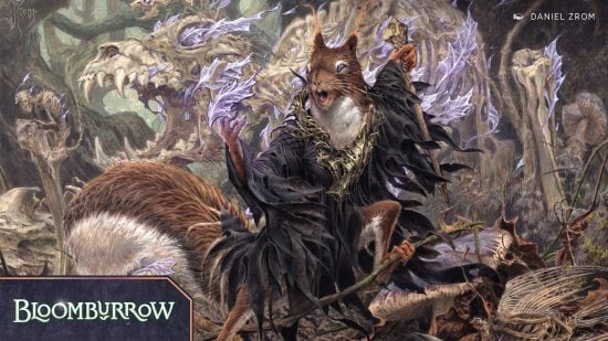 Magic the Gathering MTG release schedule 2024 - Bloomburrow set art, a squirrel necromancer raises the bones of a wolf