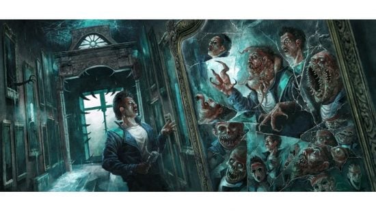 Magic the Gathering MTG release schedule 2024 - Duskmourn House of Horror set art - an 80s dude confronted by incomprehensible nightmares in a broken mirror