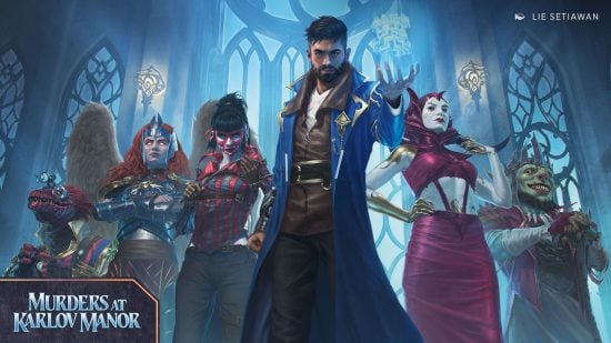 Magic the Gathering MTG release schedule 2024 - Murders of Karlov Manor, a selection of six heroes or villains stand in front of a moonlit gothic window