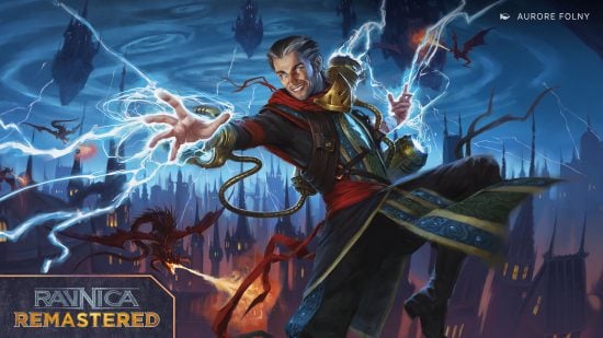 Magic the Gathering MTG release schedule 2024 - Ravnica Remastered - Ral Zarek manipulates lightning against a stormy sky