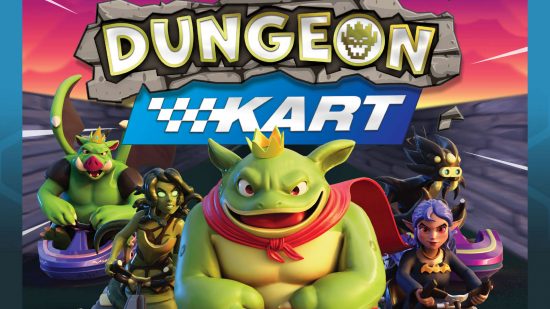 Mario Kart-like board game Dungeon Kart logo, and an array of monsters on racing karts.