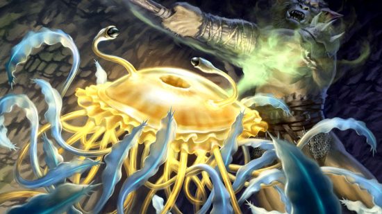 MTG card Flumph art by Brian Valeza - a yellow jelly-fish-like creature is attacked by an Orc with an axe, emitting a spurt of gas