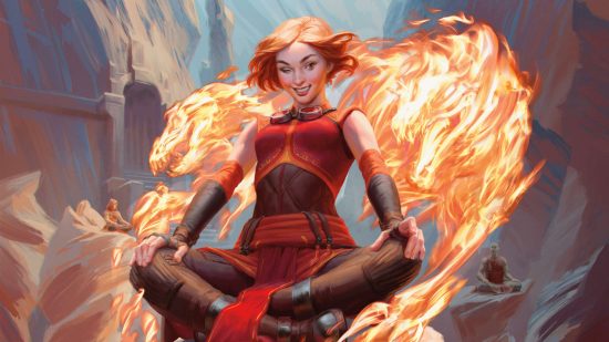 MTG Magiccon Barcelona New Perspectives Grant - Planeswalker Chandra, a young redheaded woman in red dress surrounded by flaming spirits