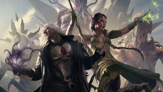 MTG Magiccon Barcelona New Perspectives Grant - Planeswalkers Elspeth (and elf) and Sorrin (a vampire) fight back to back against Eldrazi horrors