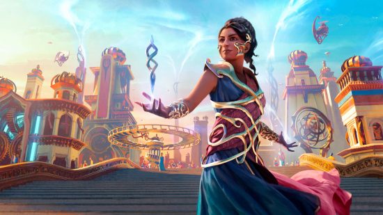 MTG Magiccon Barcelona New Perspectives Grant - Planeswalker Saheeli, a middle-eastern woman in highly filigreed clothing, stands against a city and blue sky