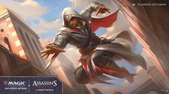 MTG release schedule assassin's creed art showing a leaping assassin with hidden blade