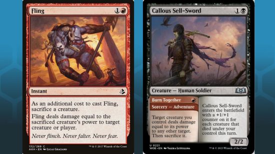 MTG Wilds of Eldraine infinite combo - Fling and Callous Sell-Sword MTG cards