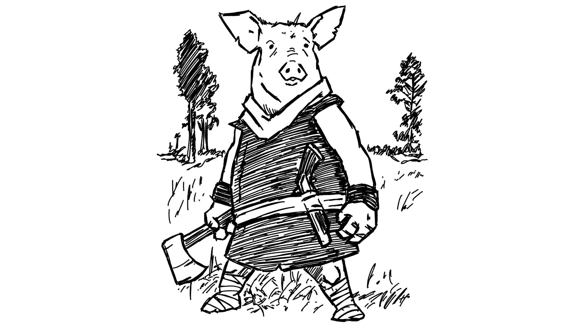 Old school DnD Adventure against an evil Winnie the Pooh - a stout piglet-man wields an axe