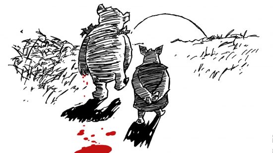 Old school DnD Adventure against an evil Winnie the Pooh - Pooh and Piglet walk into the sunset, dripping blood