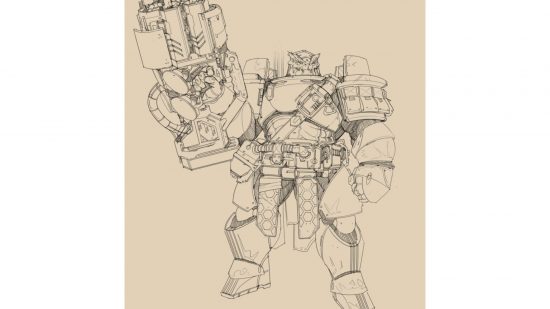 Pathfinder 2e class - Soldier sketch by Paizo, a huge lizardman in bulky power armor with a massive gun on one arm