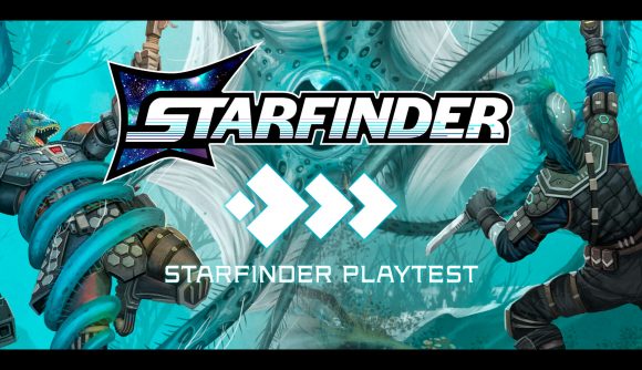 Starfinder 2e playtest logo - scifi adventurers grapple with a space squid, with the Starfinder logo projected in front
