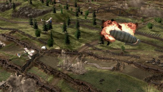 The Great War Western front screenshot showing a barrage balloon on fire