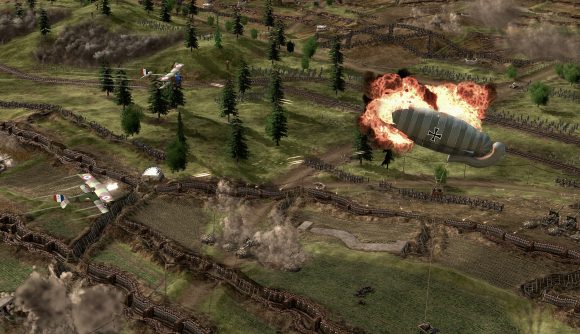 The Great War Western front screenshot showing a barrage balloon on fire